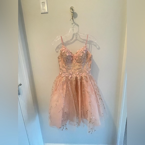 Anjeeli Embroidered Babydoll Short Glitter Dress in rose gold size XS - Picture 2 of 7